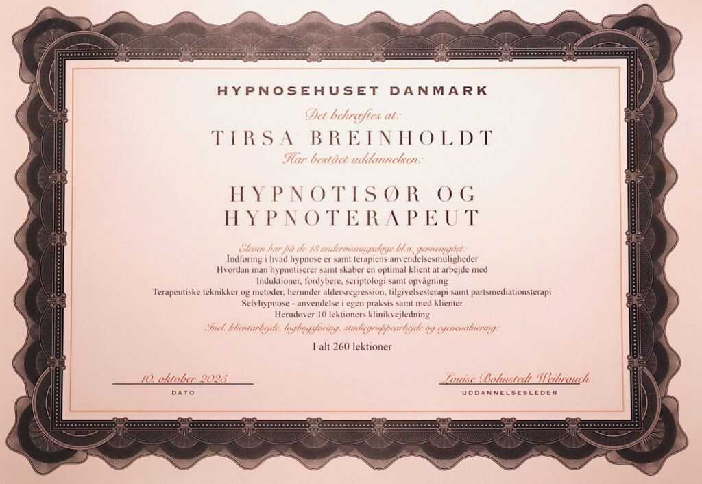 Tirsa Breinholdt &ndash; certificering fra Hypnosehuset Danmark